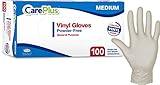 Care Plus Medium Size Disposable Vinyl Gloves Heavy Duty Non Sterile Powder Free Latex Free Rubber 100 Count Box food Safe