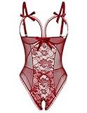 Avidlove Sexy Lingerie for Women One Piece Lace Babydoll Sleepwear Bodysuit Wine Red Small