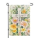 CROWNED BEAUTY Easter Cross Garden Flag He Is Risen 12x18 Inch Double Sided for Outside Small Burlap Religious Floral Holiday Yard Decoration CF1732-12
