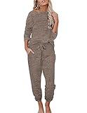 Ekouaer Womens Pajamas Set Long Sleeve Loungewear Soft Lounge Set Joggers with Pockets,Large,Light Brown