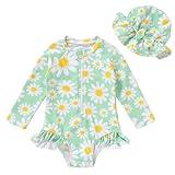 Infant Baby Girl Swimsuit One-Piece Long Sleeve Rash Guard with Hat Set Floral Zipper Bathing Suit Leopard Beach Wear(Green#Daisy, 6-12 Months)