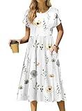 Zeagoo Floral Casual Dresses Modest Tshirt Dress Aline Midi Dress Floral Boho Sundress with Pockets Cotton Ladies Summer Dress Travel Dress Holiday Dresses,M