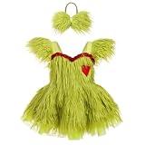 IBTOM CASTLE Christmas Costume for Girl: Baby Flutter Sleeve Backless Green Fur Princess Sequins Xmas Holiday Halloween Dress Up Outfits Plush Ruffle Dress and Headband Clothes Green 12-18Months