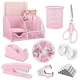 SKYDUE Pink Desk Accessories, Pink Office Supplies Set, Mesh Desk Organizer, Stapler, Tape Dispenser, Scissors, Binder/Paper Clips and 1000pcs Staples,Desk Organizer for Women