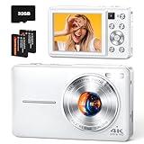 YAXTIFIU 4K Digital Camera, 64MP Autofocus Vlogging Camera with Front Rear Lens, Flash, 16X Zoom, Anti-Shake, 32GB Card, Compact Point Shoot Camera for Teens Adult Beginner Travel Photography(White)