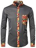 ZEROYAA Men's Hipster African Tribal Graphic Patchwork Design Slim Fit Long Sleeve Button up Mandarin Collar Shirts ZZCL46 Charcoal Large