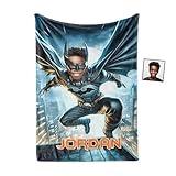 USA Made Custom Kids Superhero Bat Boy Blanket – Personalized Face with Name, Flying Through Skyscrappe Soft Fleece Blanket for Boys, Unique Gift for Children Minky 30x40