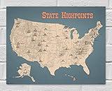 State Highpoints Checklist Map 11x14 Print (Tan & Slate Blue)