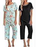 Ekouaer 2 Pack: Womens Pajamas Short Sleeve Sleepwear Tops and Capri Pants Pjs Print Pajama Sets with Pockets Blue Flowers Black L