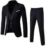 WULFUL Men’s Slim Fit Suit One Button 3-Piece Blazer Dress Business Wedding Party Jacket Vest & Pant Black