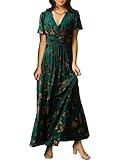 Simplee Women's Fall Formal Wedding Guest Velvet Maxi Dress Elegant Floral V Neck Short Sleeve Long Dress (Large Bronze + Jade)