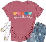 Speech Therapy Shirt for Women Speech Language Pathologist Graphic T-Shirts Rainbow Heart Autism Awareness Teacher Tee Tops-Pink L