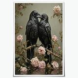 Dark Academic Wall Art Black Crow Poster Gothic Halloween Room Decor Romantic Raven Couple Goth Canvas Print Vintage Dark Cottagecore Home Decor for Bedroom Dorm 8x12inch Unframed