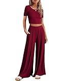 Ekouaer Women's 2 Piece Lounge Sets Short Sleeve Pajama Set Ribbed Knit Crop Top Wide Leg Pants Loungewear,Burgundy,S