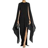 MAYFASEY Women's Flare Chiffon Sleeve High Split Formal Evening Gown Maxi Dress with Cape Black M