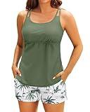 Tempt Me Green Leaves Two Piece Tankini Swimsuits for Women Tummy Control Bathing Suit with Shorts Athletic Swimwear XL