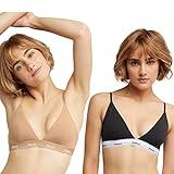 Hanes Women's Originals Triangle Bralette Pack, Breathable Stretch Cotton Bras, 2-Pack, Black/Deep Glow, 2X Large