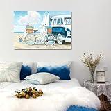 Coastal Beach Canvas Wall Art Retro Van Wall Picture Blue Bus and Bike Surfboard Theme Painting Landscape Seascape Artwork for Living Room Bedroom Bathroom Decor