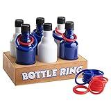 Ring Toss Bottle Carnival Game, 6 Plastic Bottles Targets and 24 Throw Rings, and a Wooden Base Box, Great for all Occasions and Events, Summer Backyard Fun, Holidays, Beach, Party Activities