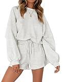 MEROKEETY Women's 2025 Fall Oversized Batwing Sleeve Lounge Sets Casual Top and Shorts 2 Piece Outfits Sweatsuit Light Grey
