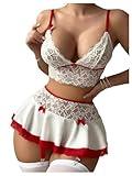 WDIRARA Women's Lingerie Sets Lace Mini Skirt 2 Piece Costume Lingerie Set White Large