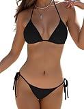Buauty Bikini Sets for Womens Two Piece Swimsuits Halter String Triangle Bathing Suit Swim Sexy Tie Side Bottom Swimwear Black M
