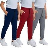 MONEY JONES ESSENTIALS Boys Sweatpants 3 Pack – Fleece Joggers with Drawstring & Pockets, Slim Fit - Order One Size Up for A Relaxed Fit - Medium, Burgundy, Grey, Navy