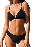 CUPSHE Bikini Set for Women Two Piece Swimsuits V Neck Low Rise Crisscross Back Self Tie Spaghetti Straps,M Black