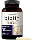 Biotin 10000mcg + Hyaluronic Acid 25mg | 360 Coconut Oil Softgels, Premium Biotin Vitamins for Hair Skin and Nails, Highly Purified and Bioavailable, Quick Release