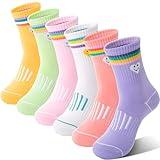 Sandsuced Kids Girls Socks Athletic Sport Basketball Youth Cotton Crew Soft Colorful Heart Gift Outdoor Socks 6 Pairs Stocking Stuffers(Colorful Stripes Face,5-8 Years)