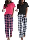 Ekouaer 2 Pack Pajamas for Women Set Short Sleeve Sleepwear Top and Pants Pjs Soft Printed Lounge Sets with Pockets Black White Plaid/Rose Pink Plaid Large