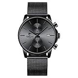 GOLDEN HOUR Men’s Watch Fashion Sport Quartz Analog Mesh Stainless Steel Waterproof Chronograph Watches, Auto Date in Grey Hands, Color: Black