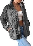 Dokotoo Fleece Warm Jacket for Women Zip Up Oversized Long Sleeves Stand Collar Side Pockets Casual Baggy Outerwears,Gray Small