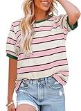 Dokotoo Summer Tops for Women Striped Color Block Short Sleeve Shirts for Women Crewneck Trendy Casual Daily Loose Cozy Basic Fashion T-Shirts Cute Ladies Tee Blouses Vacation Outfits Pink XX-Large