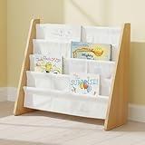 Humble Crew 4-Tier Kids Bookshelf, Natural Wood/White - Premium Book Shelf for Kids Rooms with Four Deep Pockets - Toddler Sling Book Rack with Deep Sleeves, Nursery Bookcase Organizer