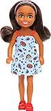 Barbie Chelsea Doll, Small Doll Wearing Removable Blue Dress with Colorful Print & Pink Shoes, Brown Hair & Green Eyes