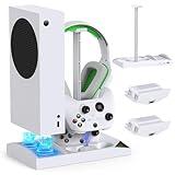 Cooling Fan with Charging Stand for Xbox Series S Console and Controller, Dual Charger Dock Accessories with 2 x 1400mAh Rechargeable Battery and Cover, Headphone Mount for Xbox Series S, White