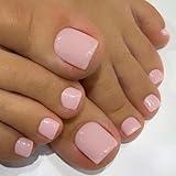 Solid Color Pink Press on Toenails for Women, Glossy Fake Toenail Press ons Short Square Acrylic Press on Toe Nails, Reusable Baby Pink Toenails Glue on Natural Seamless Fit, 24Pcs Glue Toenails