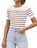 ZESICA Women's Short Sleeve Crewneck Striped T Shirt Summer Ribbed Knit Slim Fit Casual Basic Tee Tops,Red,Small