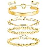 Gokeey Gold Cuff Bracelets for Women Waterproof, 14K Gold Plated Chunky Beaded Bracelet for Women, Satckable Forever Love Knot Infinity Paperclip Cuban Twist Bracelets Satck Set Gold Bangles for Women Jewelry Trendy