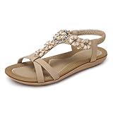 SHIBEVER Women's Summer Sandals Bohemian Beach Ankle Strap Elastic Flats Strappy Sandals Shoes Apricot 7