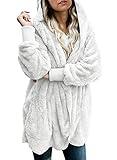 Dokotoo Womens Casual Solid Cozy Warm Ladies Fuzzy Winter Fashion 2024 Open Front Long Sleeve Fleece Pockets Hooded Cardigans Sweaters Jackets Coats Outerwear White 1X Large