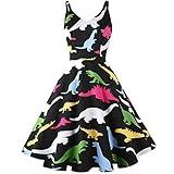 GOOBGS Women's 1950s Retro Vintage Spaghetti Strap Cocktail Swing Dresses with Pockets Dinosaur S