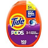 Tide PODS Laundry Detergent Pacs, 3-in-1 Stain Remover, Odor Fighter, Color Protector, 102 Count, HE compatible, Spring Meadow Scent