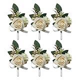 BECIEM 6PCS White Boutonniere for Men, Ivory Boutonniere Pins for Men Groomsmen Guest Boutonniere, Artificial Flowers for Wedding Decor Prom Homecoming