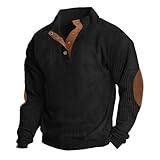 ONLYSTORY Men's Casual Corduroy Sweatshirt Long Sleeve Stand Collar 1/4 Button Pullover Fall Polo Sweater with Elbow Patches Black, L