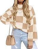ZESICA Women's 2025 Fall Fashion Turtleneck Long Sleeve Striped Ribbed Knit Loose Pullover Sweater Tops Khaki Plaid Small