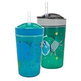 Nuby All in One Snack Bowl and No Spill Soft Straw Cup - 2 Pack Aqua Ocean Animals & Green Puppy Dogs - Snack N' Sip, Holds: 4.5 oz Container with Lid and 9 oz/ 270 ml Straw Cup (12 Months +)