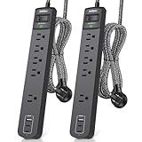 2 Pack Power Strip Surge Protector - 5 Widely Spaced Outlets 3 USB Charging Ports, 1875W/15A with 6Ft Braided Extension Cord, Flat Plug, Overload Surge Protection, Wall Mount for Home Office