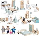 36pcs Wooden Dollhouse Furniture Set 5 Rooms with 4 Family Dolls, Wood and Plastic Blue Dollhouse Accessories, Pretend Play Furniture Toys Christmas Birthday Gift for Boys Girls & Kids Toddlers 3Y+